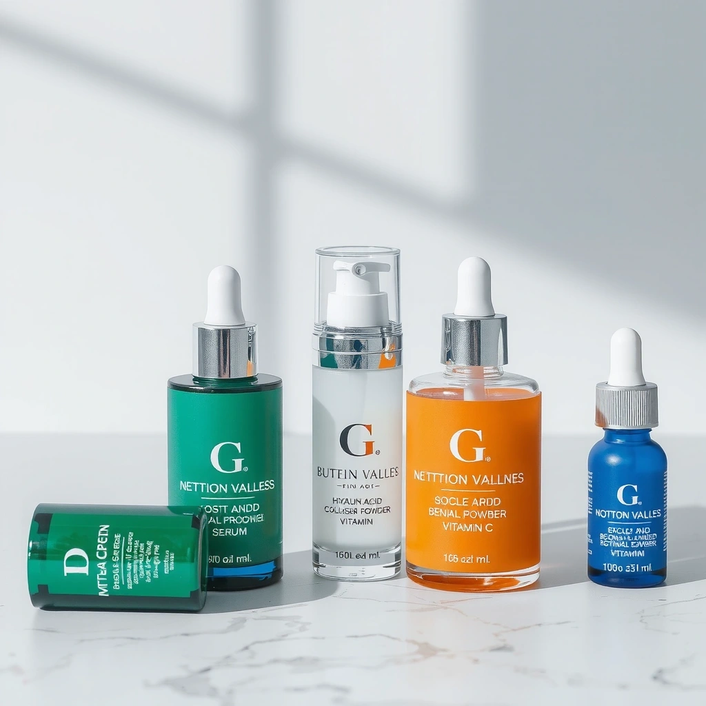 Luxurious women's anti-aging skincare and supplements with hyaluronic acid, collagen peptides, and botanical extracts